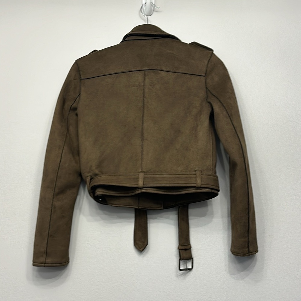 Zara Basic Outerwear Green Belted Moto Jacket Fau… - image 2